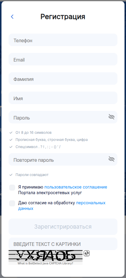 Форма регистрации на Портале электросетевых услуг: телефон, email, фамилия, имя, пароль, согласия и капча
